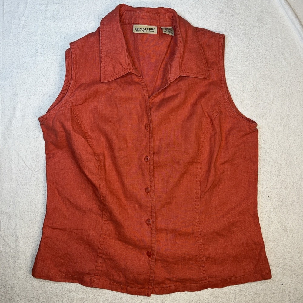 Vintage Apostrophe 100% Linen Terracotta Sz 10 Sleeveless Button Up Summer